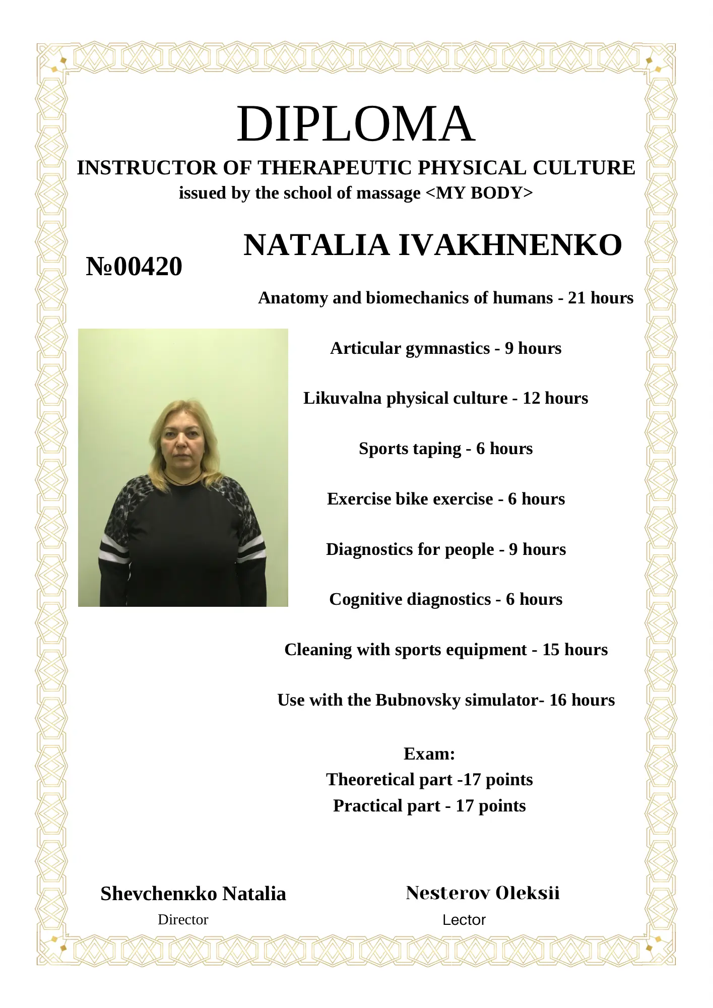 Приклад диплома MY BODY — Master of massage and Osteopathy